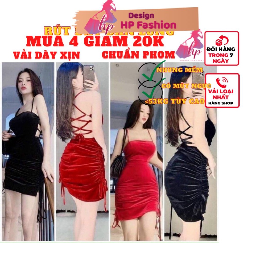 Váy đầm 2 dây nữ ngắn đan lưng rút dây 1 bên sang chảnh có mút ôm body màu đỏ đen chất nhung mềm phong cách VD132
