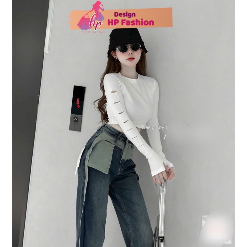Áo croptop thun dài tay ôm body, áo nữ rách tay màu đen trắng thun co giãn tôn dáng sang chảnh G519