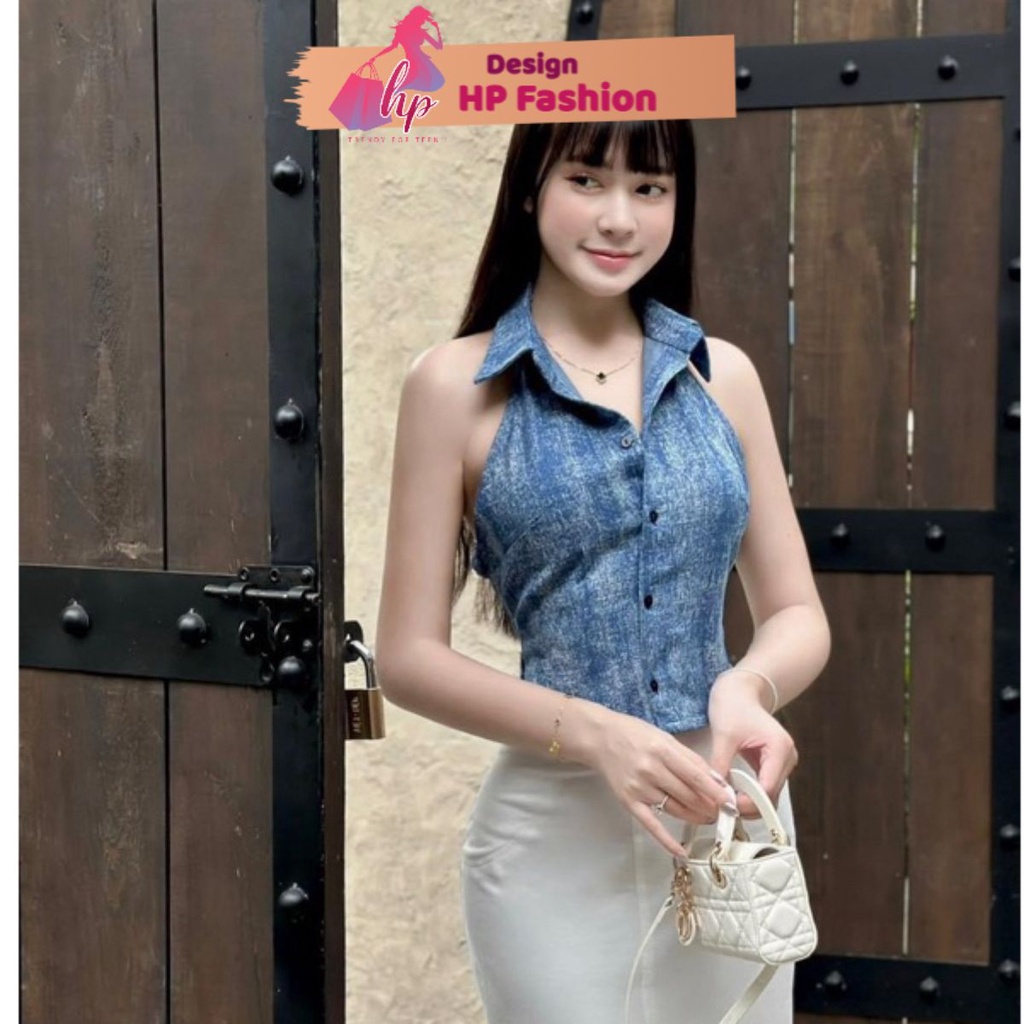 Áo yếm jean cổ bẻ cài cúc body, áo jean loang nữ tôn dáng G358