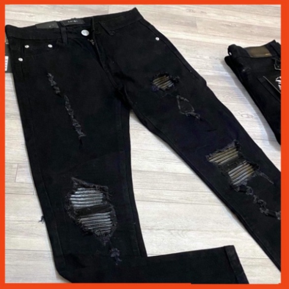 Quần AMIRI Đen Vá Da Đen Nhăn Quần Jean Skinny màu đen gối vá họa tiết bản cao cấp co dãn 4 chiều