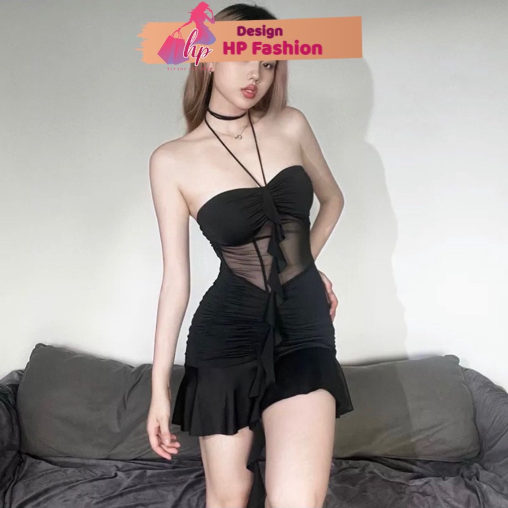 Đầm yếm cúp ngực body dáng ngắn phối lưới có mút, váy đầm nữ đi tiệc sang chảnh G357