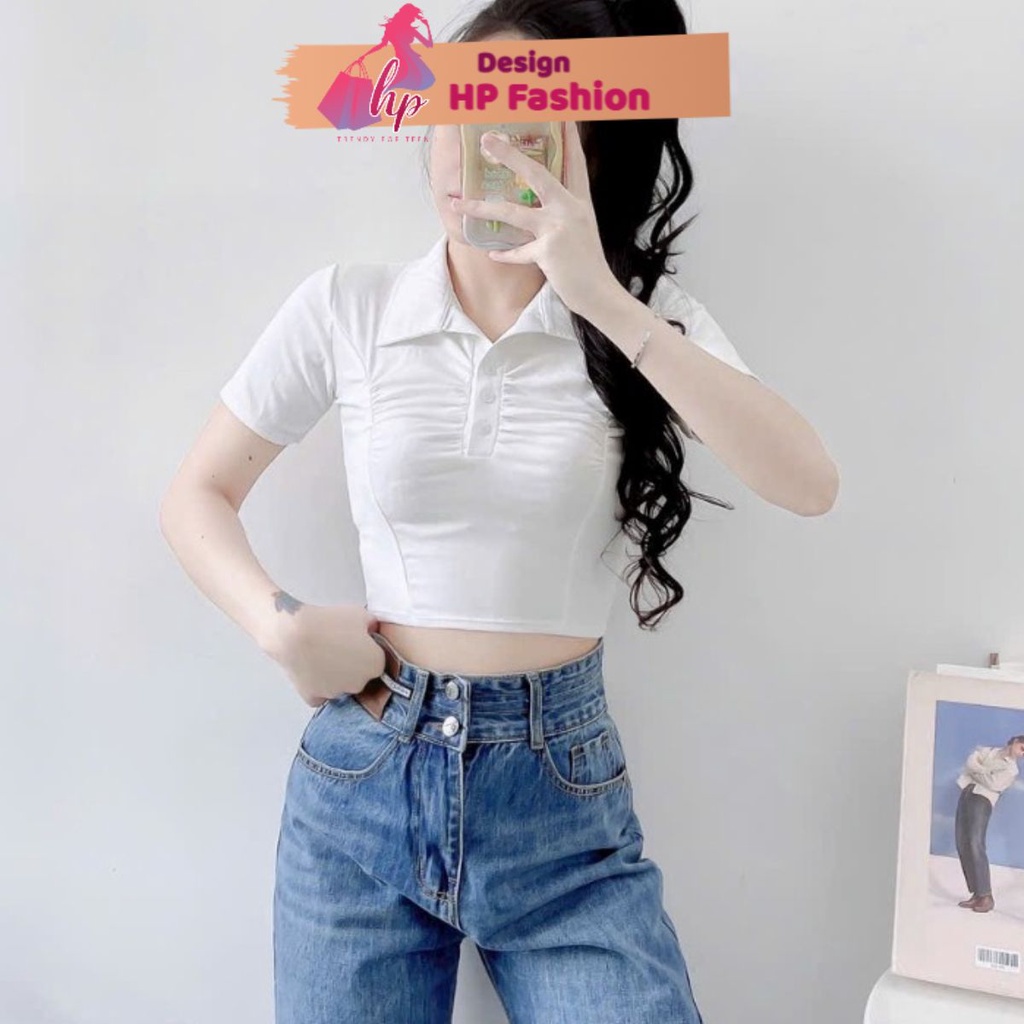 Áo có cổ bẻ croptop tay ngắn ôm body, áo nữ kiểu thun co giãn màu đen trắng hàn quốc đẹp G526
