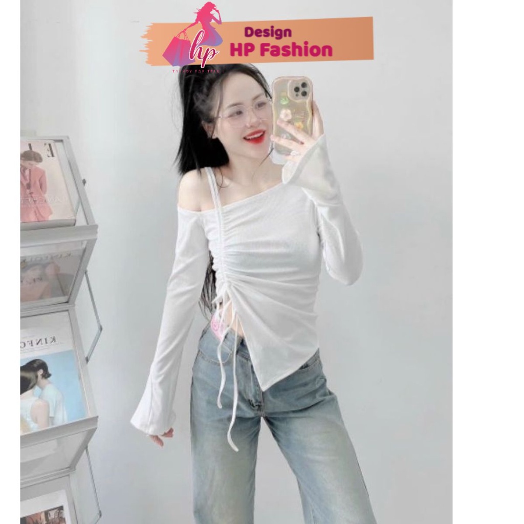 Áo trễ vai tay dài khoét vai vạt nhọn rút eo,G525 áo nữ kiểu body thun co giãn màu đen trắng hàn quốc đẹp sangchảnh G525