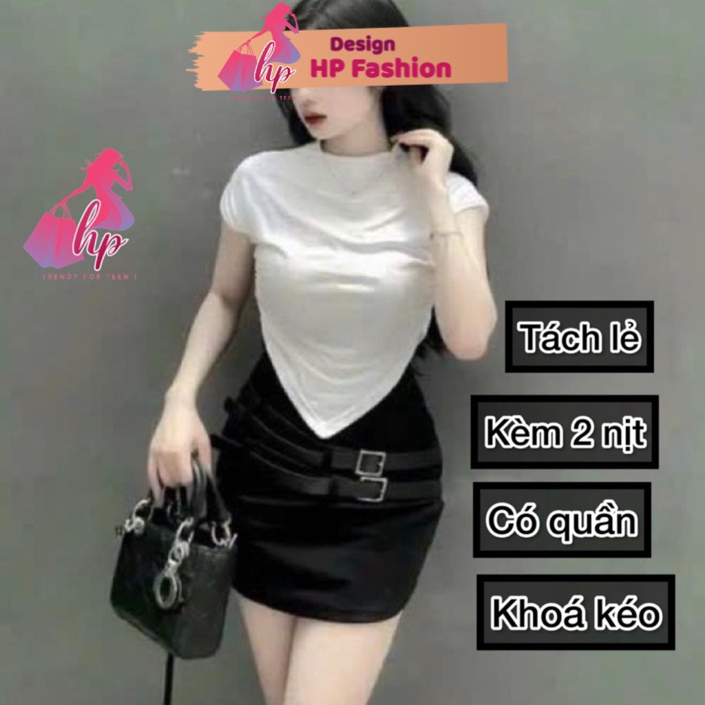 Set đồ nữ sang chảnh váy ngắn body phối dây lưng có quần trong kèm áo tay hến vạt nhọn G332