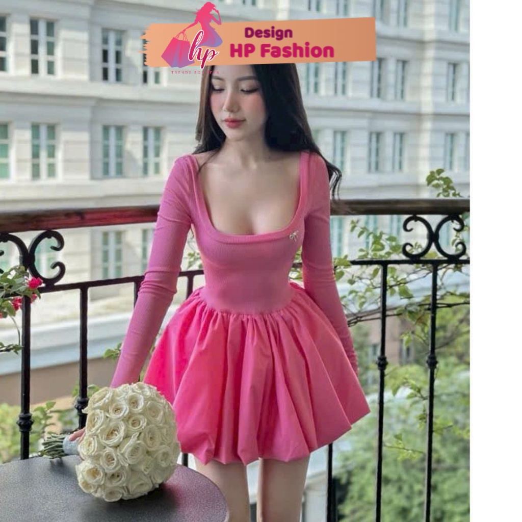 Đầm hở lưng cổ U dáng ngắn dài tay, váy nữ body tùng bí kèm tag đá tặng quần đùi đi tiệc sang chảnh G502