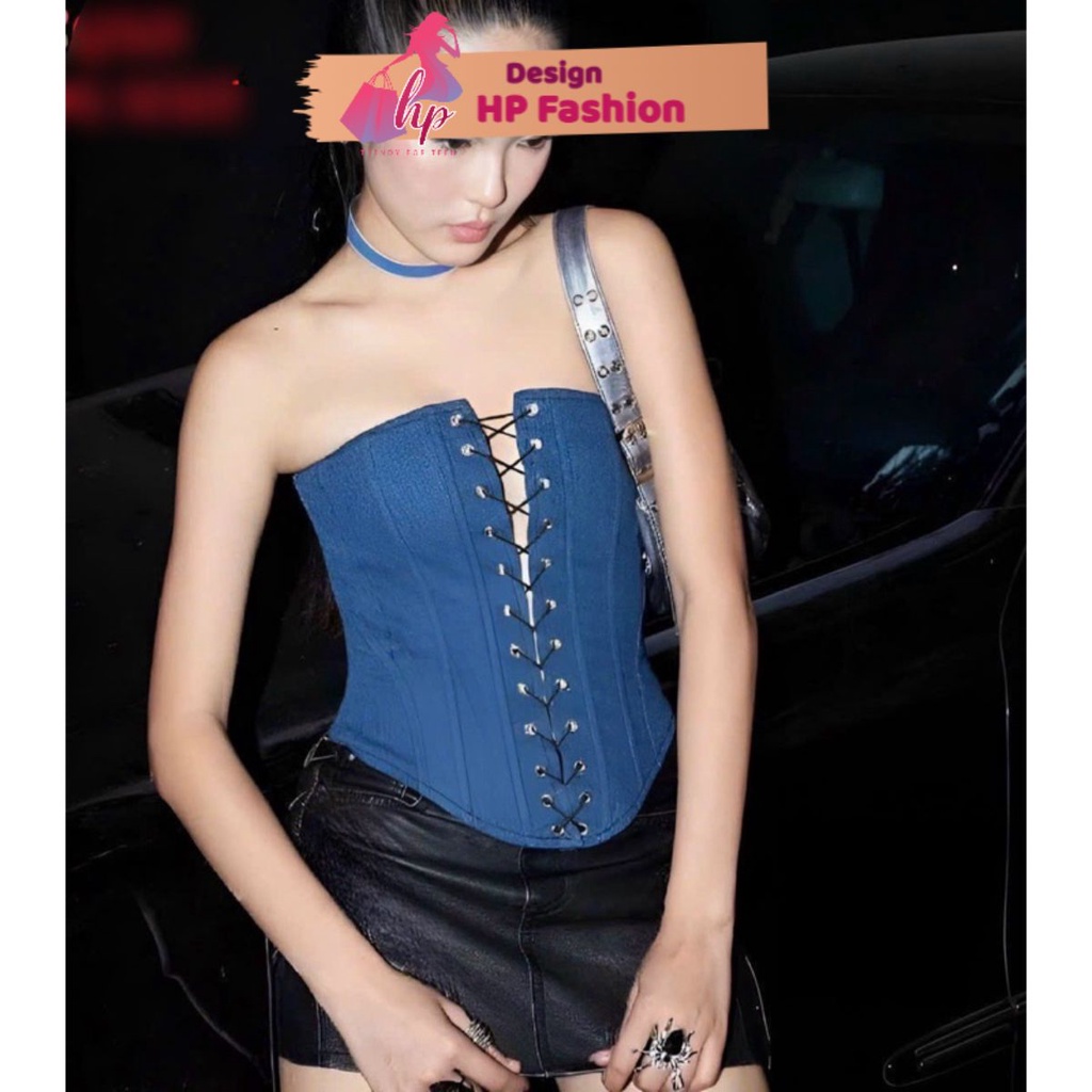 Áo ống jean đan dây body, áo cúp jean không mút nhún lưng tôn dáng G377