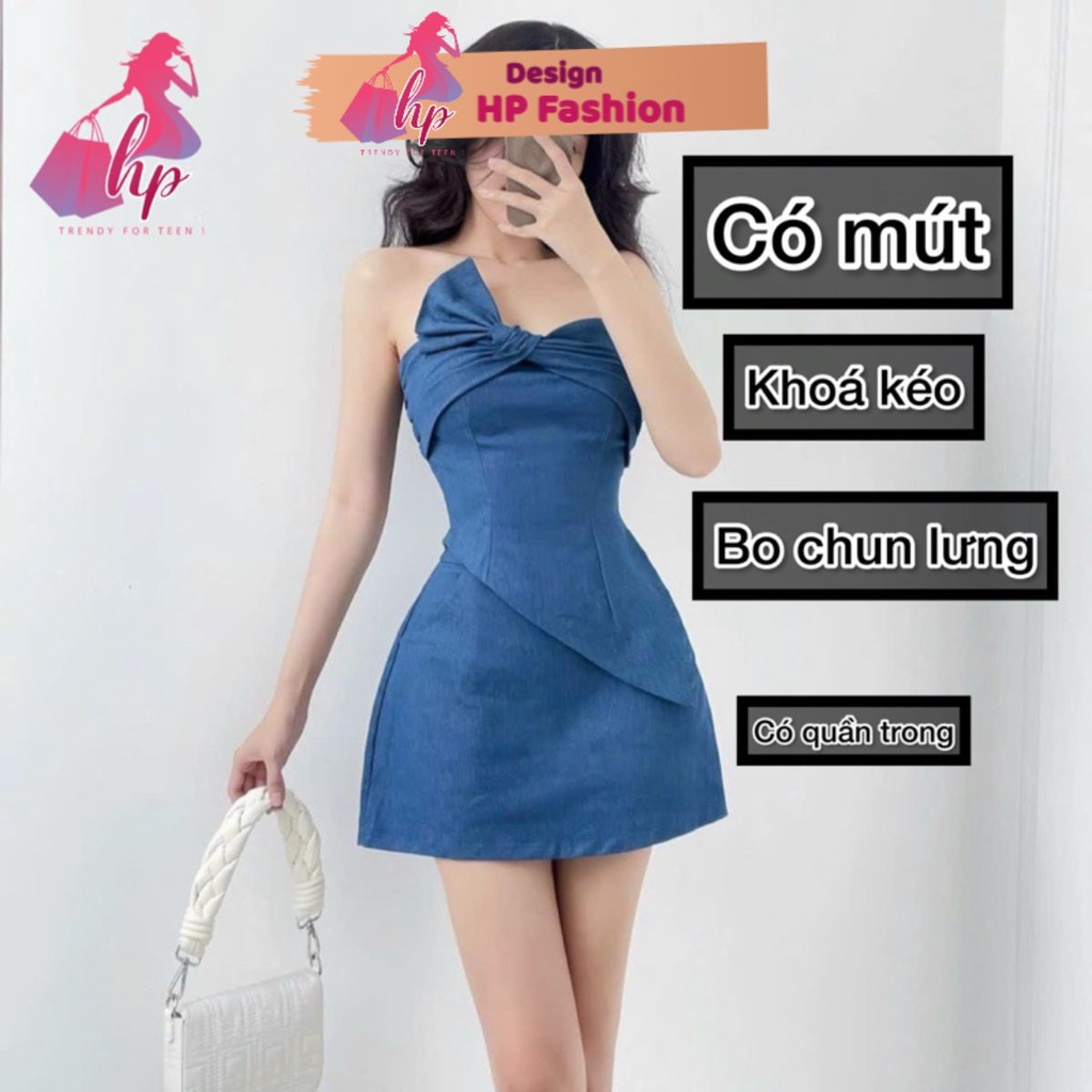 Set jean nữ áo cúp ngực vạt chéo có mút kèm chân váy A có quần tôn dáng G389
