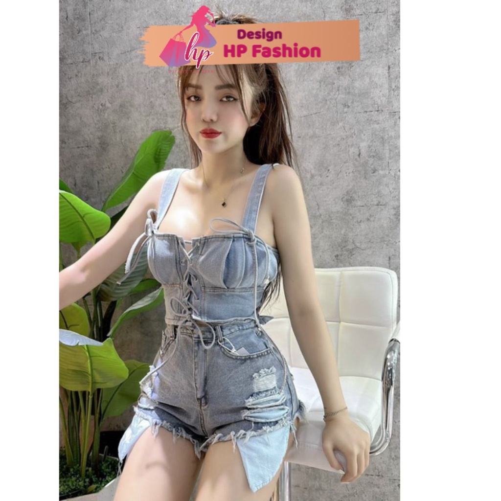Áo hai dây jean croptop body không mút, áo 2 dây demin đan dây tôn dáng G359