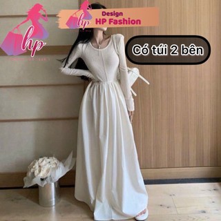 Váy maxi dáng xòe cổ tròn tay dài , đầm nữ dài dự tiệc mùa hè G25