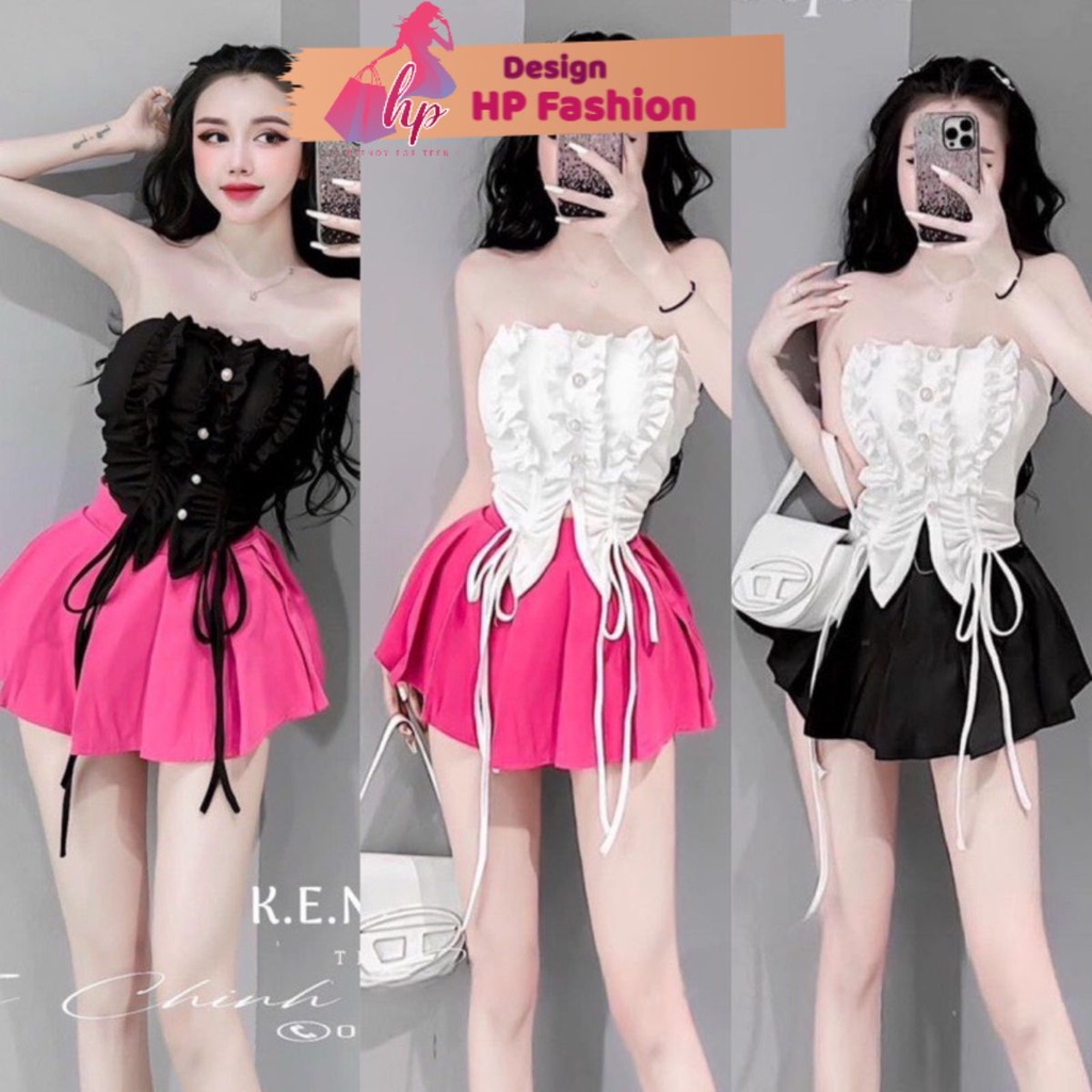 Set Áo cúp ngực ống kiểu dây rút có dây kèm chân váy xếp ly có quần tôn dáng G277