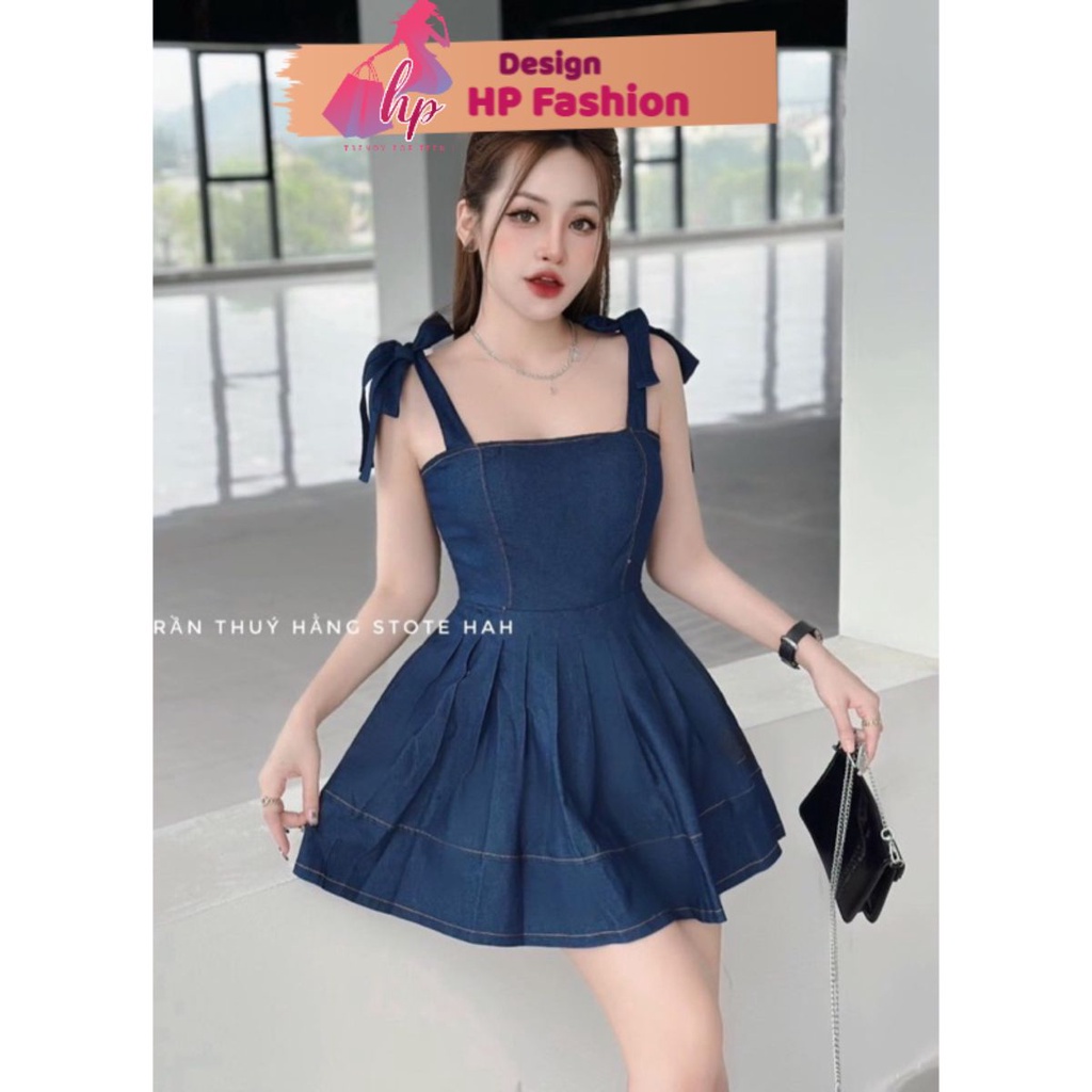 Đầm jean denim 2 dây cột nơ dáng xoè, váy bò nữ dáng ngắn body khoá kéo lưng tôn dáng G321