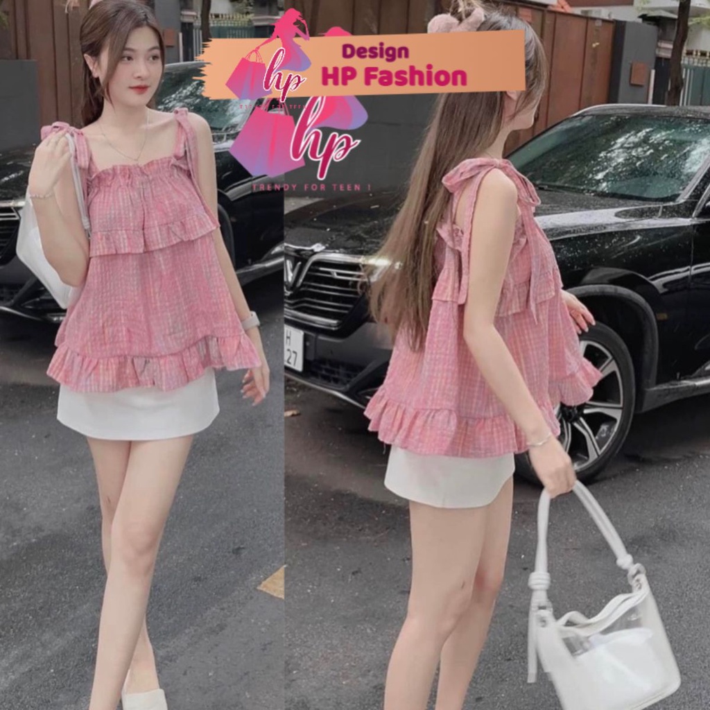 Áo hai dây babydoll cột nơ xếp tầng, áo nữ màu hồng hàn quốc G124