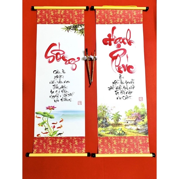 Cặp Thư Pháp “Sống-Hạnh Phúc” Viết Tay Treo Phong Thuỷ Tặng Kèm Móc Dính Tường