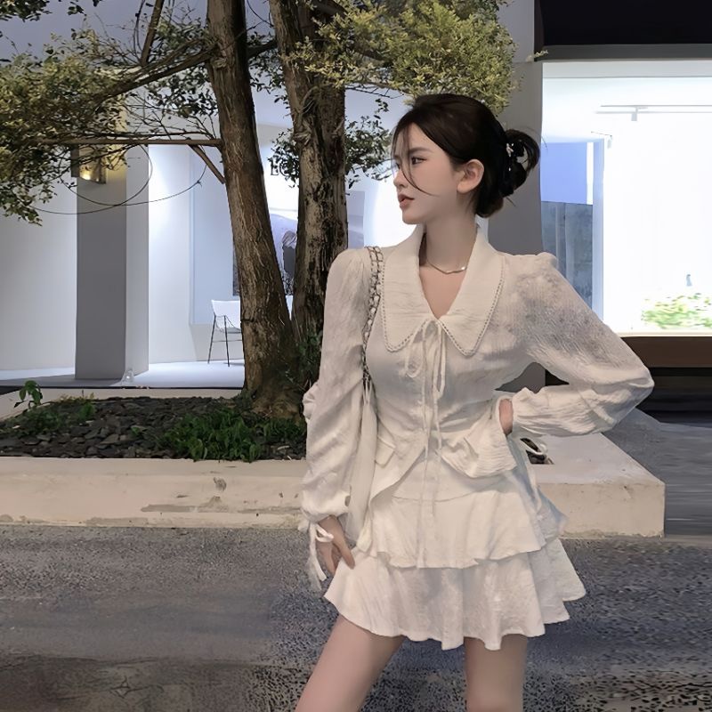 Sét Váy Đũi Gân Gồm Áo Sơ Mi Cổ Sen Dây Lưng + Chân Váy Xòe Tầng