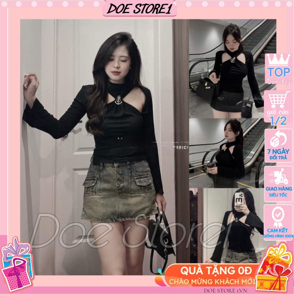 ÁO THUN NỮ BOZIP TAY DÀI CỔ XOẮN CHÉO HỞ NGỰC 2 MÀU Kèm tag hot hit