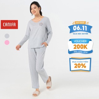 Bộ quần áo nữ CANIFA dài tay cổ tim dáng basic cơ bản màu hồng xám -  6LS22W004