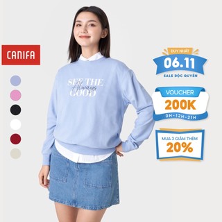 Áo nỉ nữ CANIFA áo sweater basic bo gấu có hình in 6TW23W007