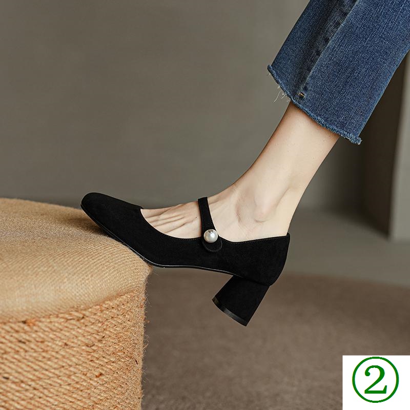 Thoải Mái Khổng Lồ ~!Giày Cao Gót Da Cừu Màu Đen Đính Ngọc Trai Phong Cách Cổ Điển