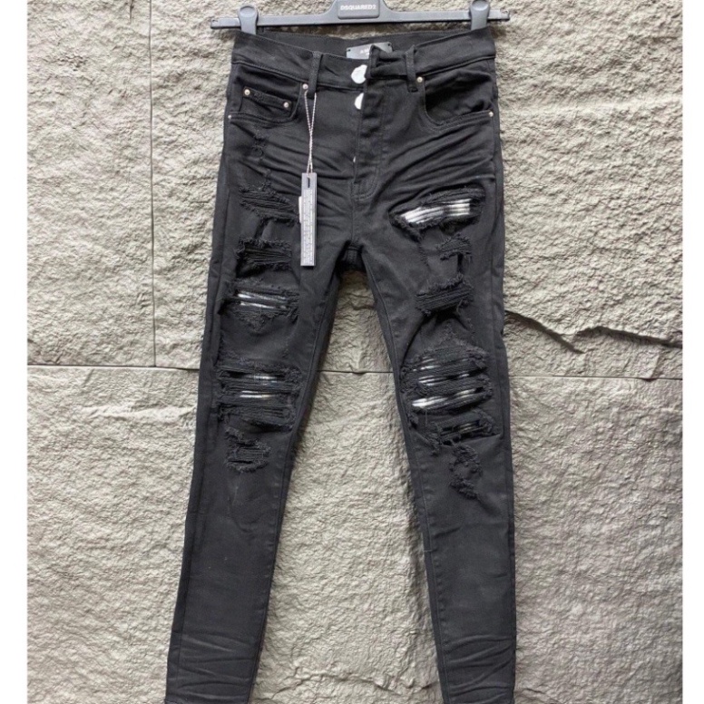 Quần jean bò nam Amiri slimfit 4 cúc đen vá vải ghi xám nhăn cứng Quần bò nam Amiri màu đen chất cao