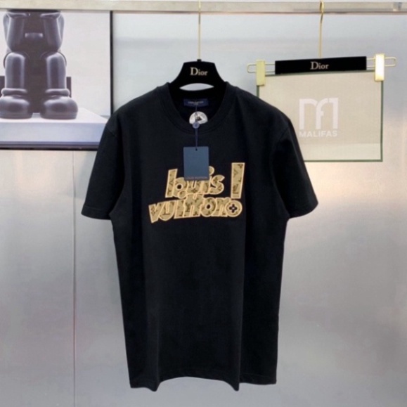 Áo Louis Vuitton Đen Trắng chữ Vàng Áo Thun LV Chất Vải Cotton Co Giãn 4 Chiều