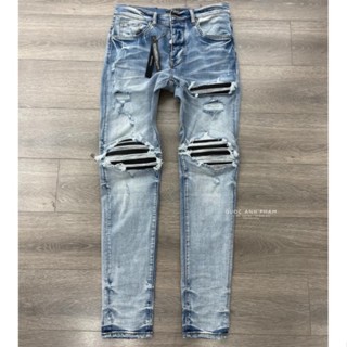 Quần AMIRI 4 Cúc Xanh Gối Vá Da Nhăn Quần Skinny Jean Amiri Nam Rách Gối Da Đen Trắng Đỏ Vá Họa Tiết Hot