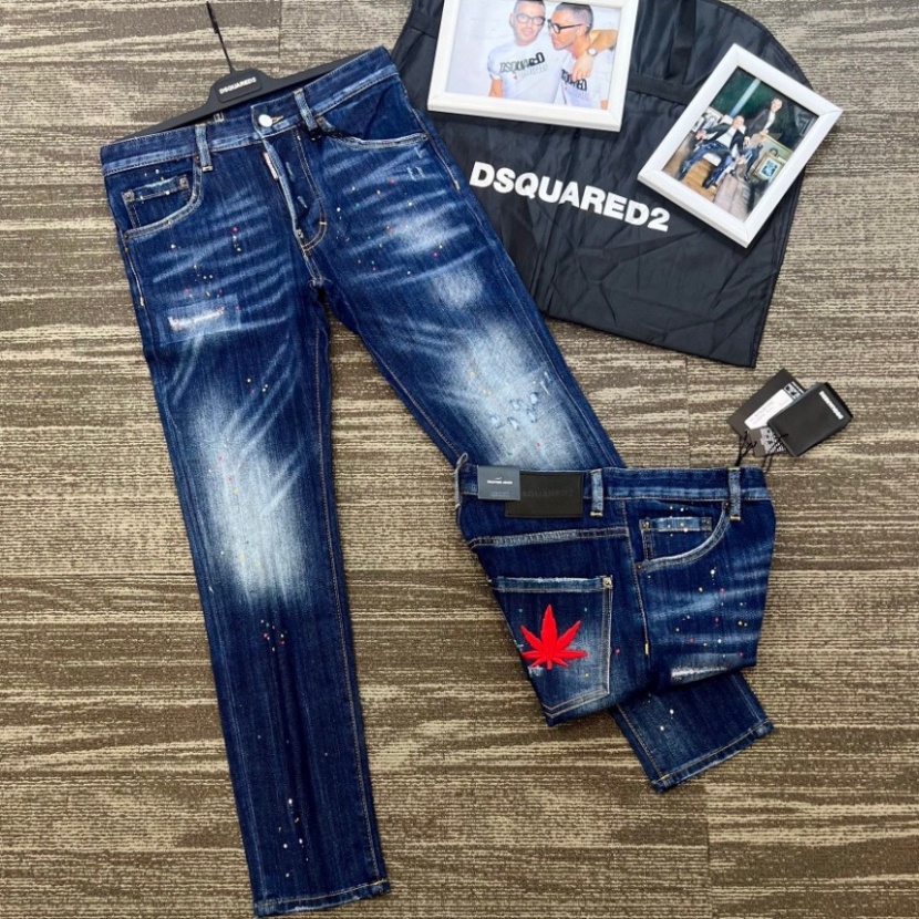 Quần DSQ2 Lá Phong Đỏ Xanh Đậm Vẩy Sơn Quần Bò DSQUARED Vẩy Sơn Xanh Sáng Chất Co Giãn Phối Loang