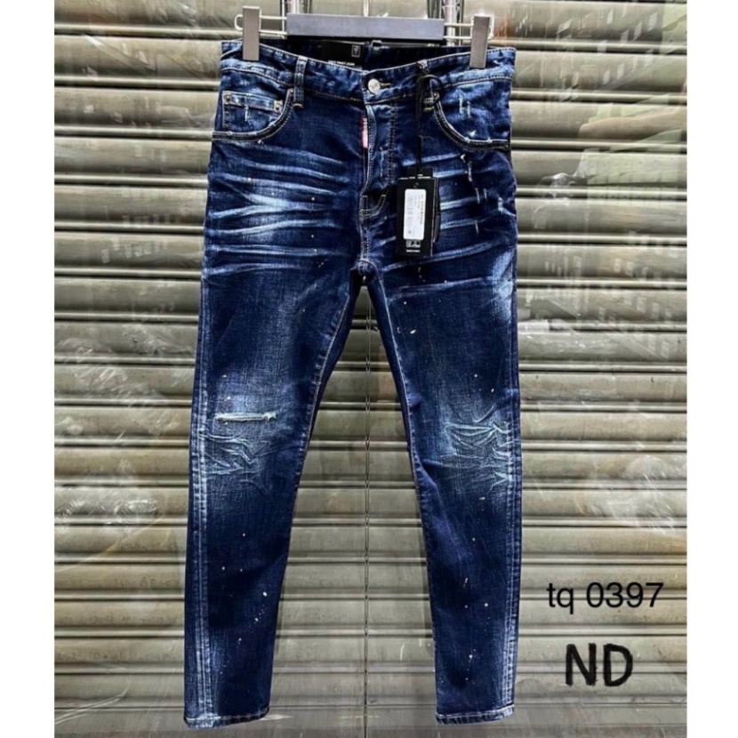 Quần Jean Nam DSQ2 Xanh Trơn 4 Cúc Phối Loang Sáng, Quần Bò Xanh DSQ Phối Vẩy Sơn Màu Pha Bạc