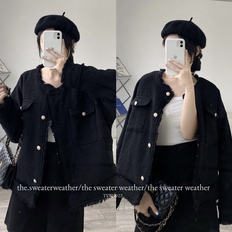 Áo khoác dạ tweed tua rua 2 túi thời trang