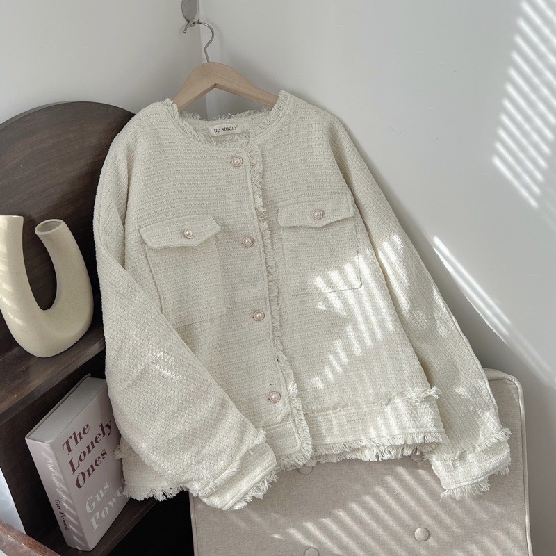 Áo khoác dạ tweed tua rua 2 túi thời trang