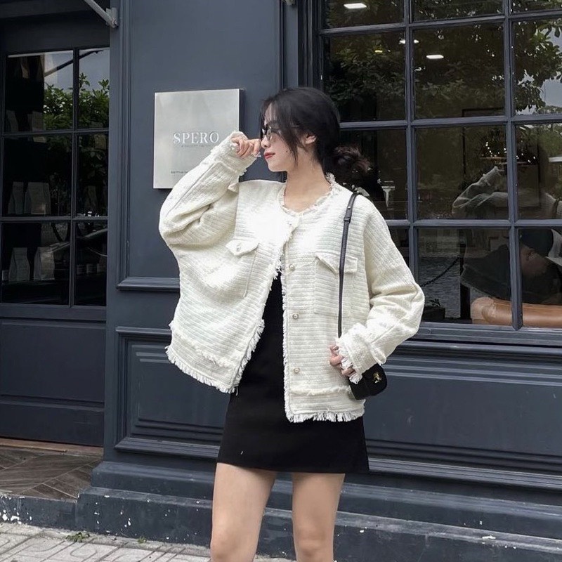 Áo khoác dạ tweed tua rua 2 túi thời trang