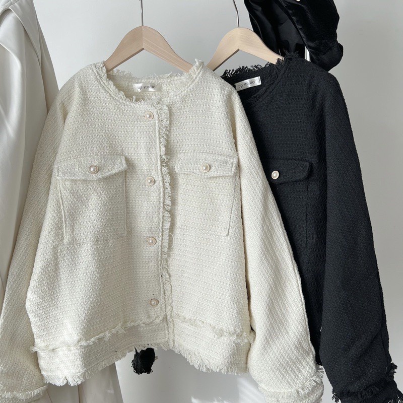 Áo khoác dạ tweed tua rua 2 túi thời trang