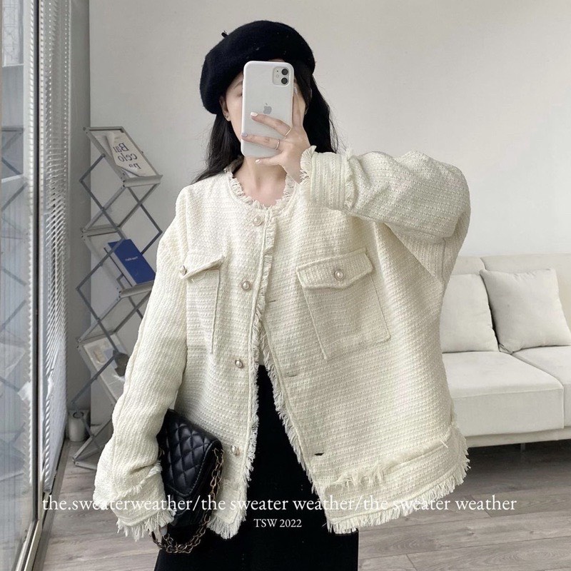 Áo khoác dạ tweed tua rua 2 túi thời trang