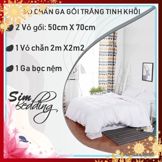 Bộ chăn ga khách sạn 💎SALE💎 trắng tinh khôi cotton nhập khẩu cao cấp gồm ga giường bo chun 2 cỏ gối và 1 vỏ chăn