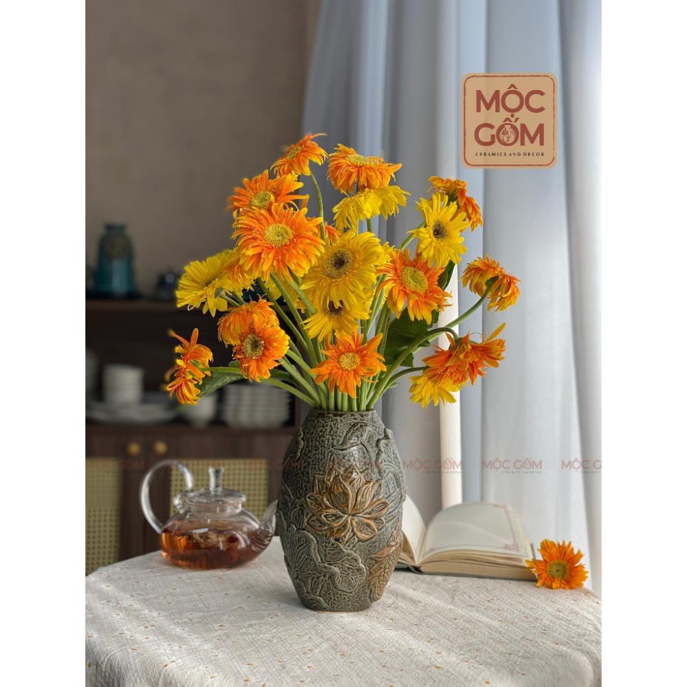 Bình gốm Bát Tràng vân nổi họa tiết cá chép hoa sen trên nền men lam chảy vintage cắm hoa decor nội thất | Mộc Gốm MG209