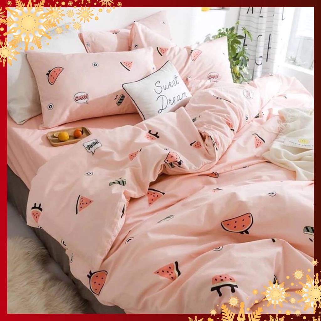 Bộ chăn ga gối 💎SALE💎 coton poly nhập khẩu cao cấp bo chun theo yêu cầu mẫu họa tiết dưa hấu hồng