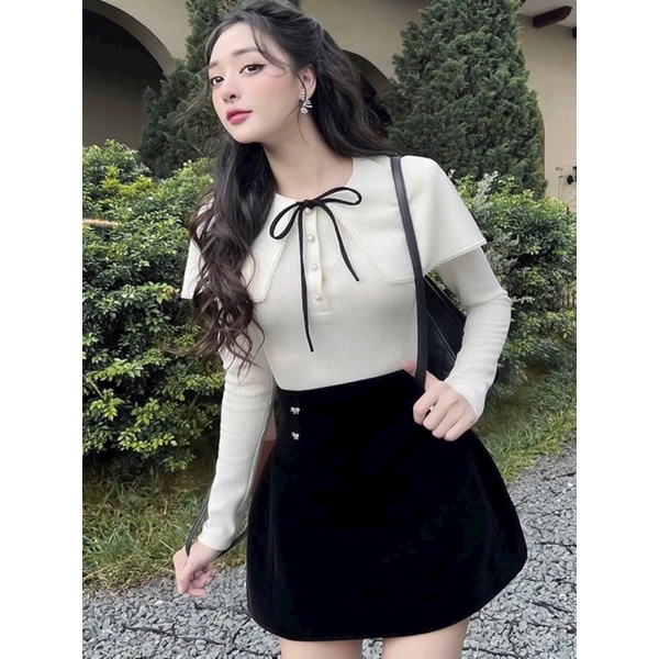 Sét áo len choàng cúc ngọc mix chân váy nhung hàng L1_Cuastore