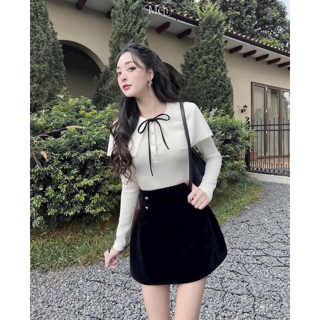 Sét áo len choàng cúc ngọc mix chân váy nhung hàng L1_Cuastore