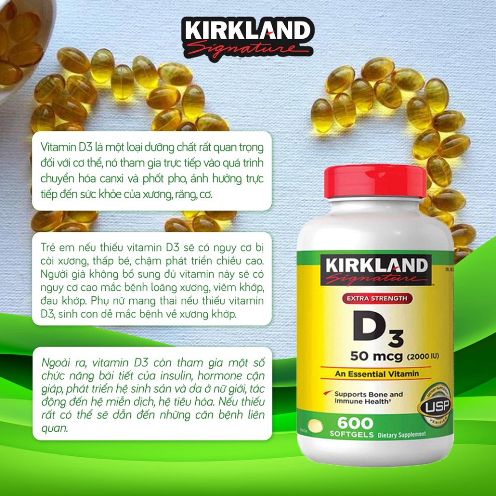 Viên uống bổ sung Vitamin D3 Kirkland Signature Vitamin D3 2000IU 600 viên - Lala