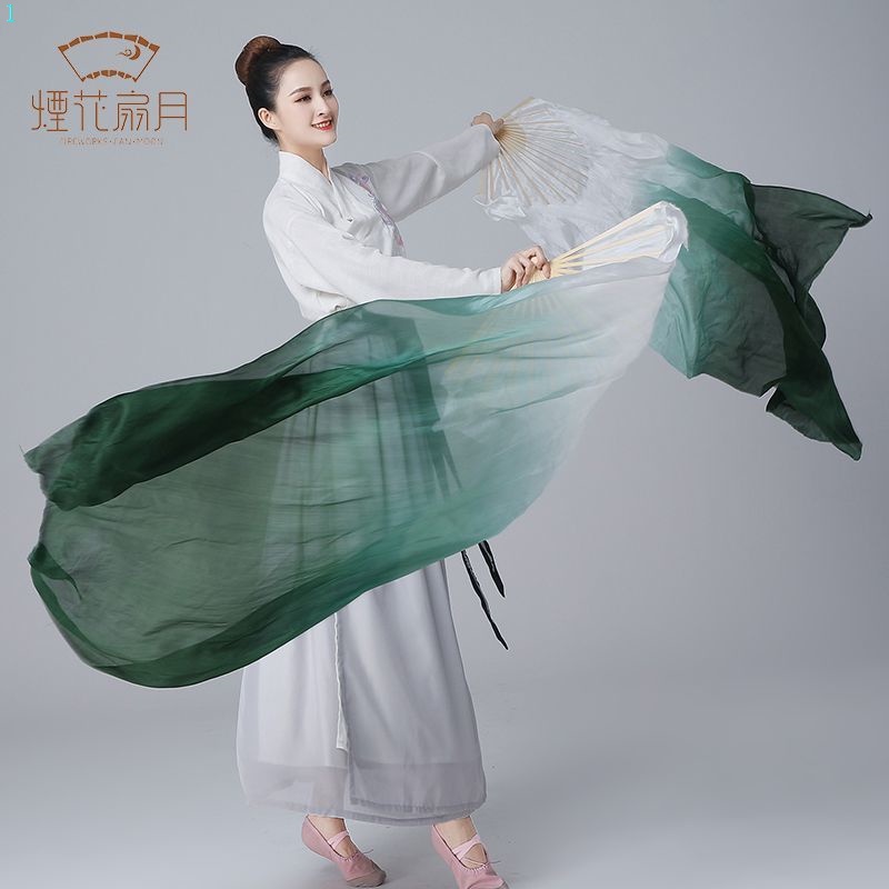 Quạt Múa Bụng Dài Bằng Lụa Màu Xanh Lá Đậm