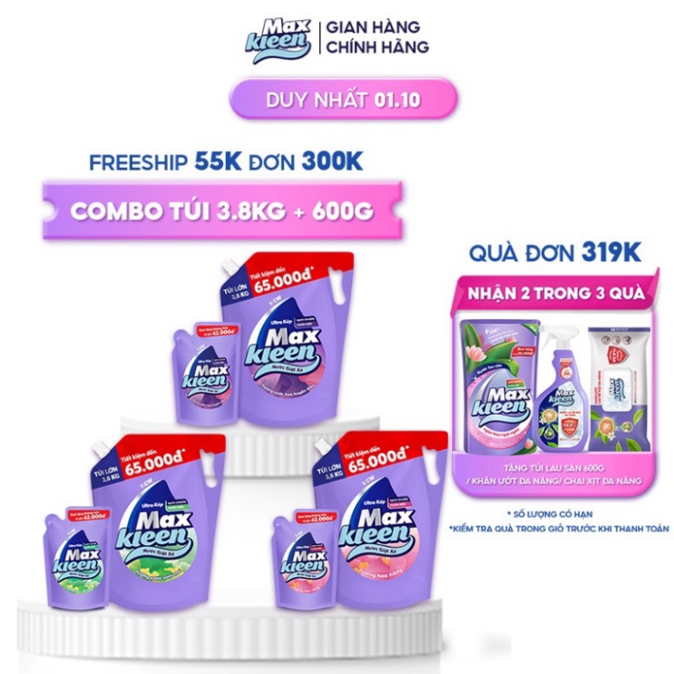 Combo Túi Nước Giặt Xả 3.8kg + Túi Nước Giặt Xả 600g Maxkleen 1
