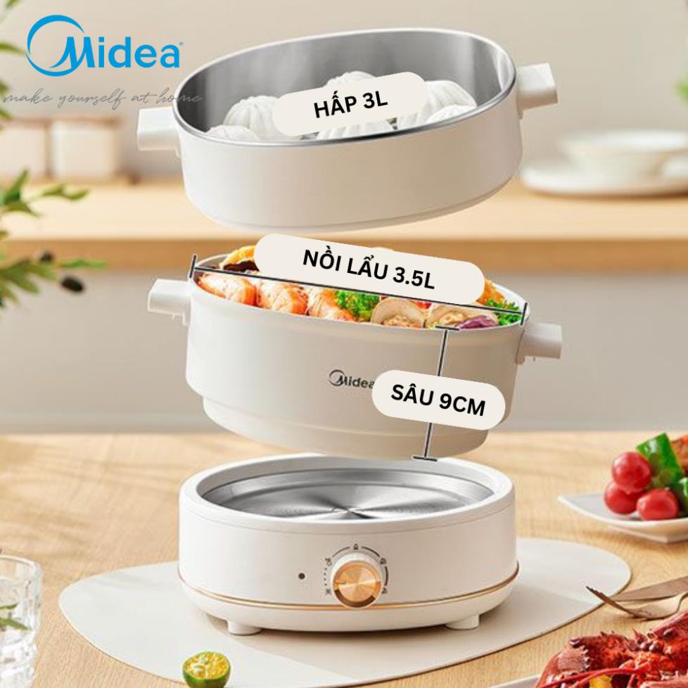 MIDEA - Nồi lẩu kèm hấp tách đáy đa chức năng HGC232303W, xào, chiên, hầm, chất liệu dày dặn, chống dính vân đá cao cấp