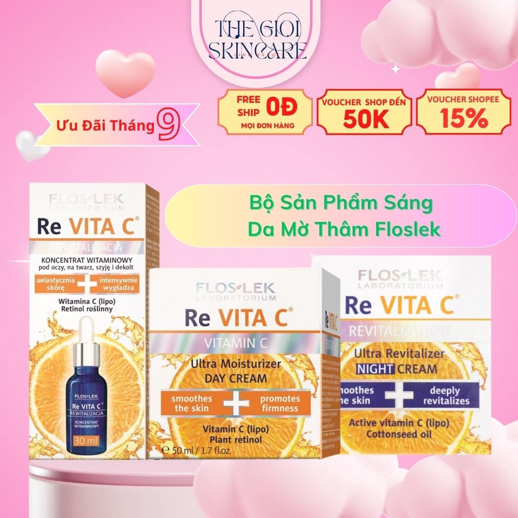 Bộ Sản Phẩm Serum Vitamin C Kem Ngày Đêm Floslek, Dưỡng Trắng Sáng Da Chống Lão Hóa Giảm Thâm Nám