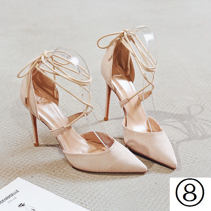 Giày Cao Gót Da Lộn Mũi Nhọn Cột Dây Màu Đen Thời Trang Xuân Hè 2022 Cho Bạn Gái