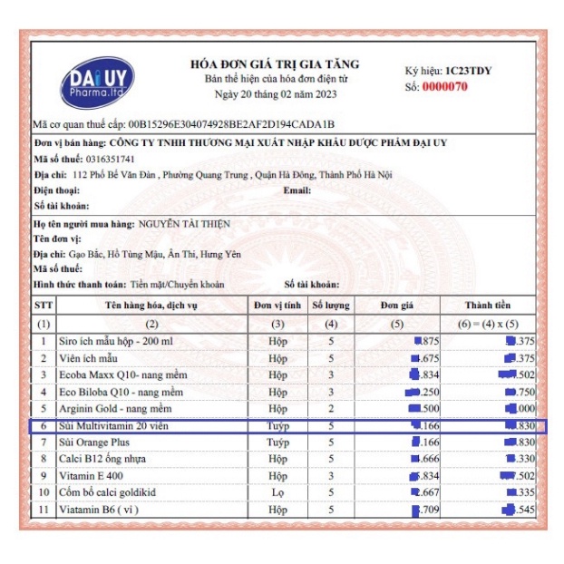 Viên sủi Multivitamin 20 viên Đại Uy Tăng Sức Đề Kháng Giải Nhiệt