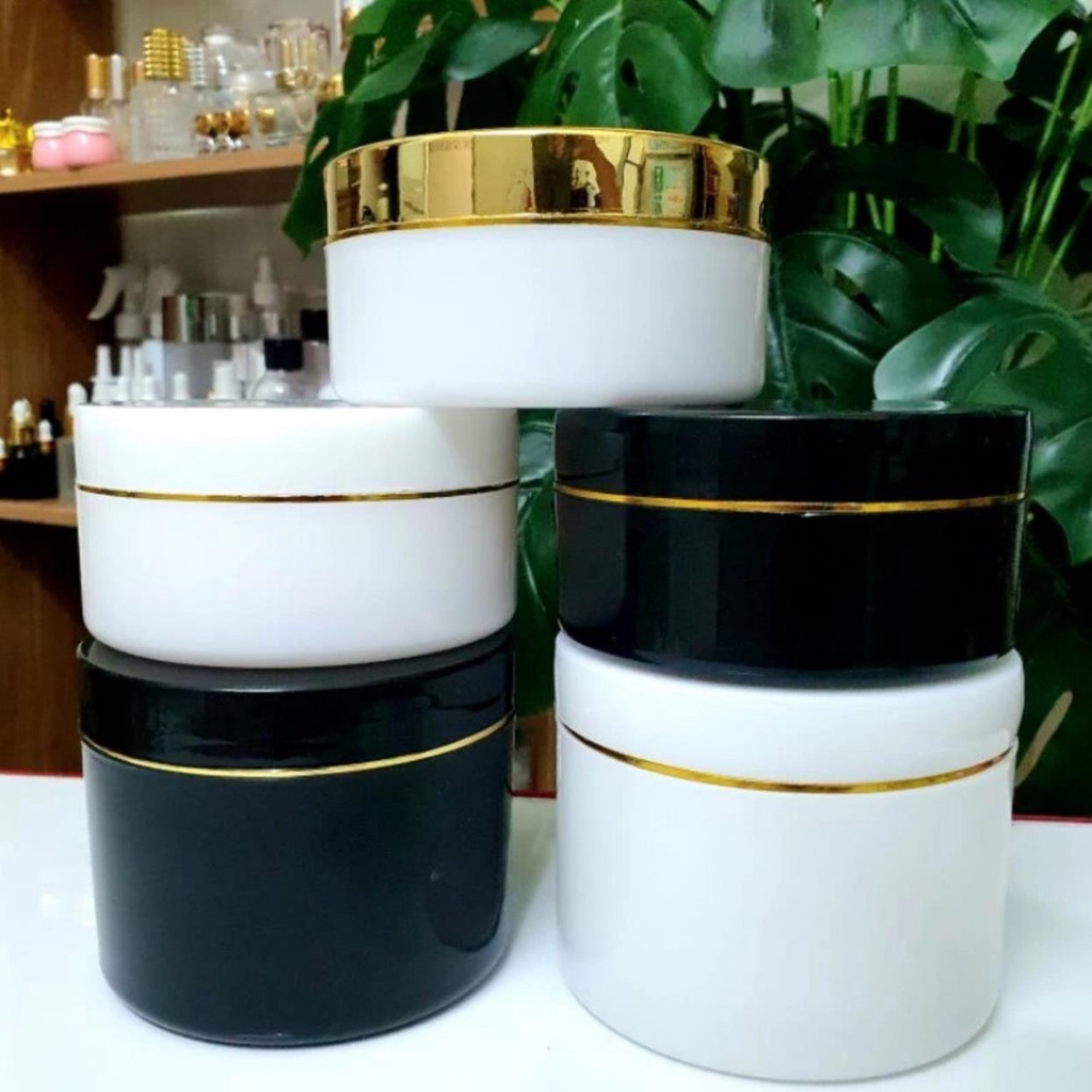 Hủ đựng kem body 100g, hủ K100 thân đen, trắng, viền vàng