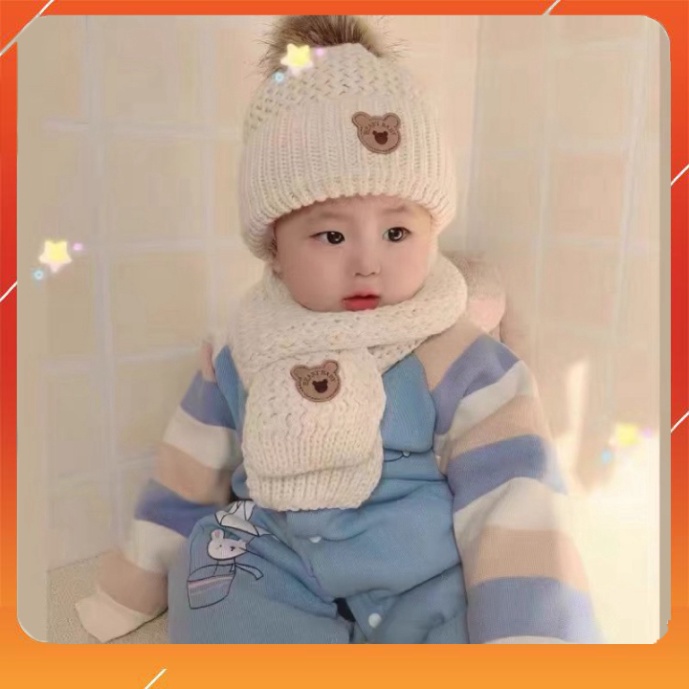 SET Mũ Len quả bông kèm khăn HÌNH GẤU cực xinh cho bé cam cam