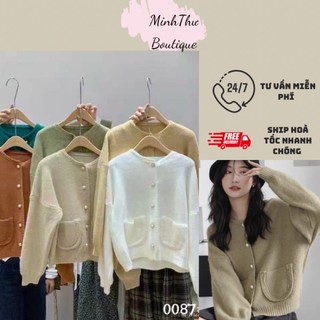 Áo khoác len, khoác cadigan cúc ngọc phối túi dáng vừa freesize 2 màu be, đỏ
