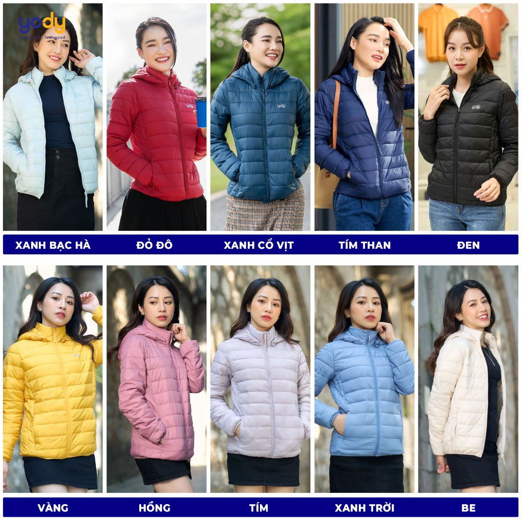 Áo khoác phao nữ YODY dáng ngắn có mũ giữ nhiệt siêu nhẹ, chống nước PHN5000