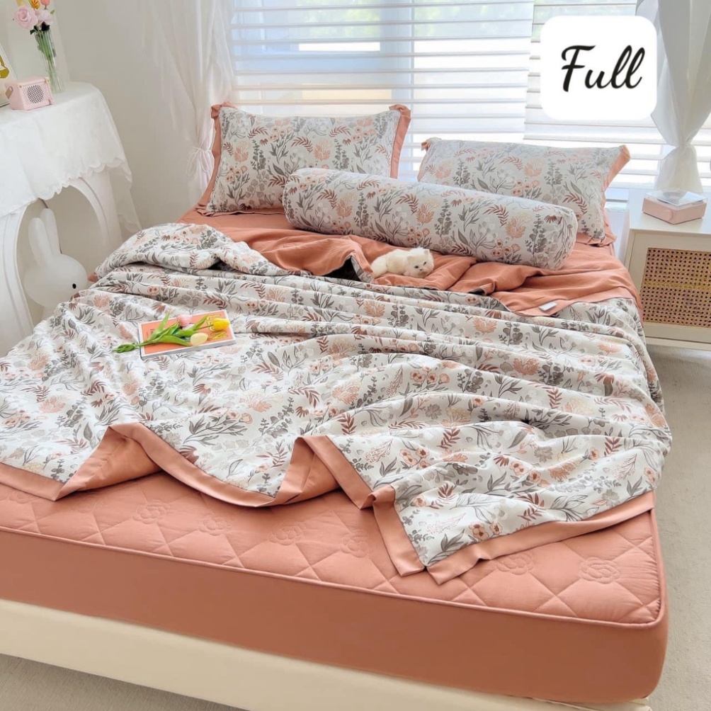 Bộ 5 món chăn ga gối đũi hàn Hàn Quốc cao cấp, Set chăn ga bo chun đệm gọn gàng đệm 25cm