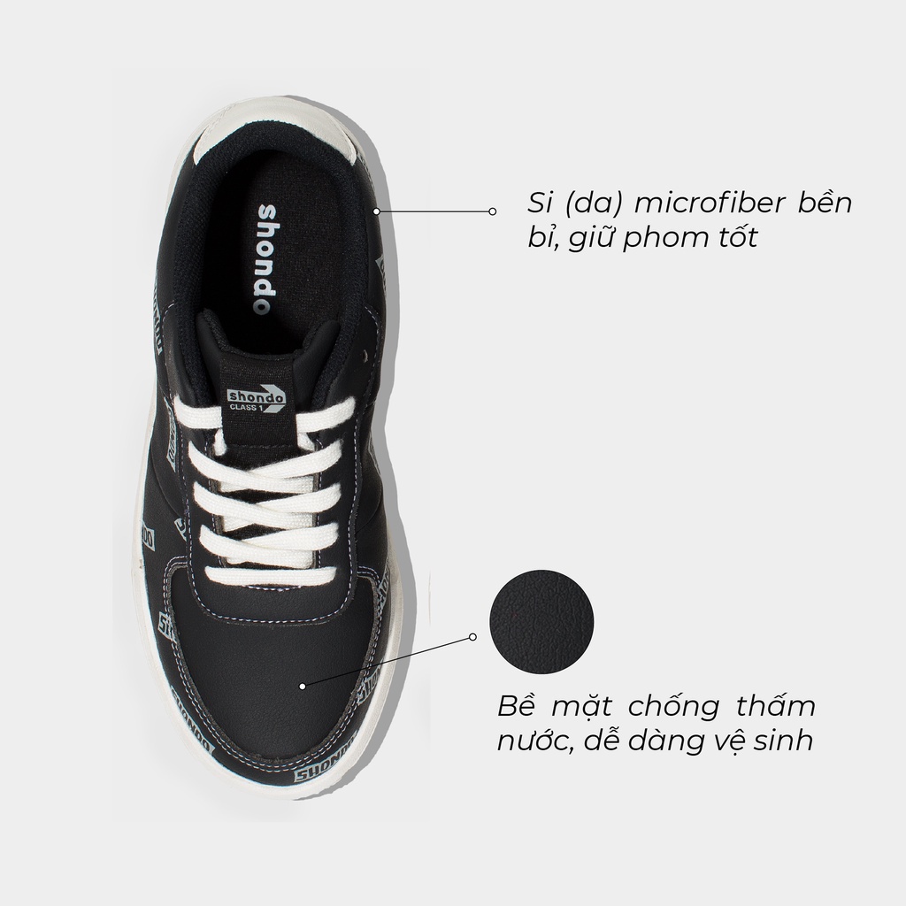 Giày Thể Thao Sneaker Độn Đế Nam Nữ Shondo Class 1 Monogram Đen Bền Nhẹ Đẹp SND0110